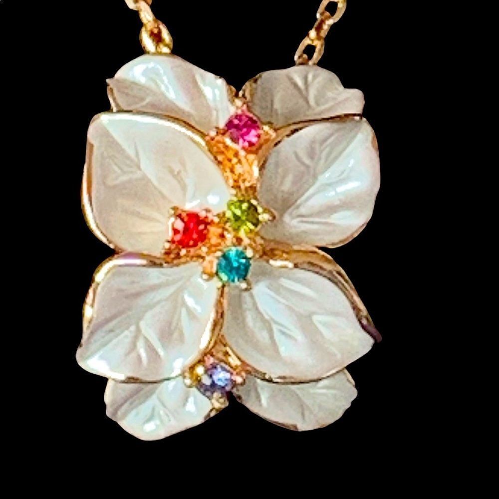 Rigant pearl enamel crystal floral petal pendant necklace extra fine gold chain